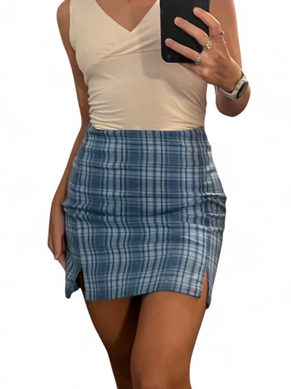 Brandy Melville Blue Plaid Mini Skirt with Front Slits